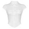 Solid color, elegant lapel, pocket, breasted, slimming and form-fitting short-sleeved 2022 European and American export women's fashion shirt top Item Picture